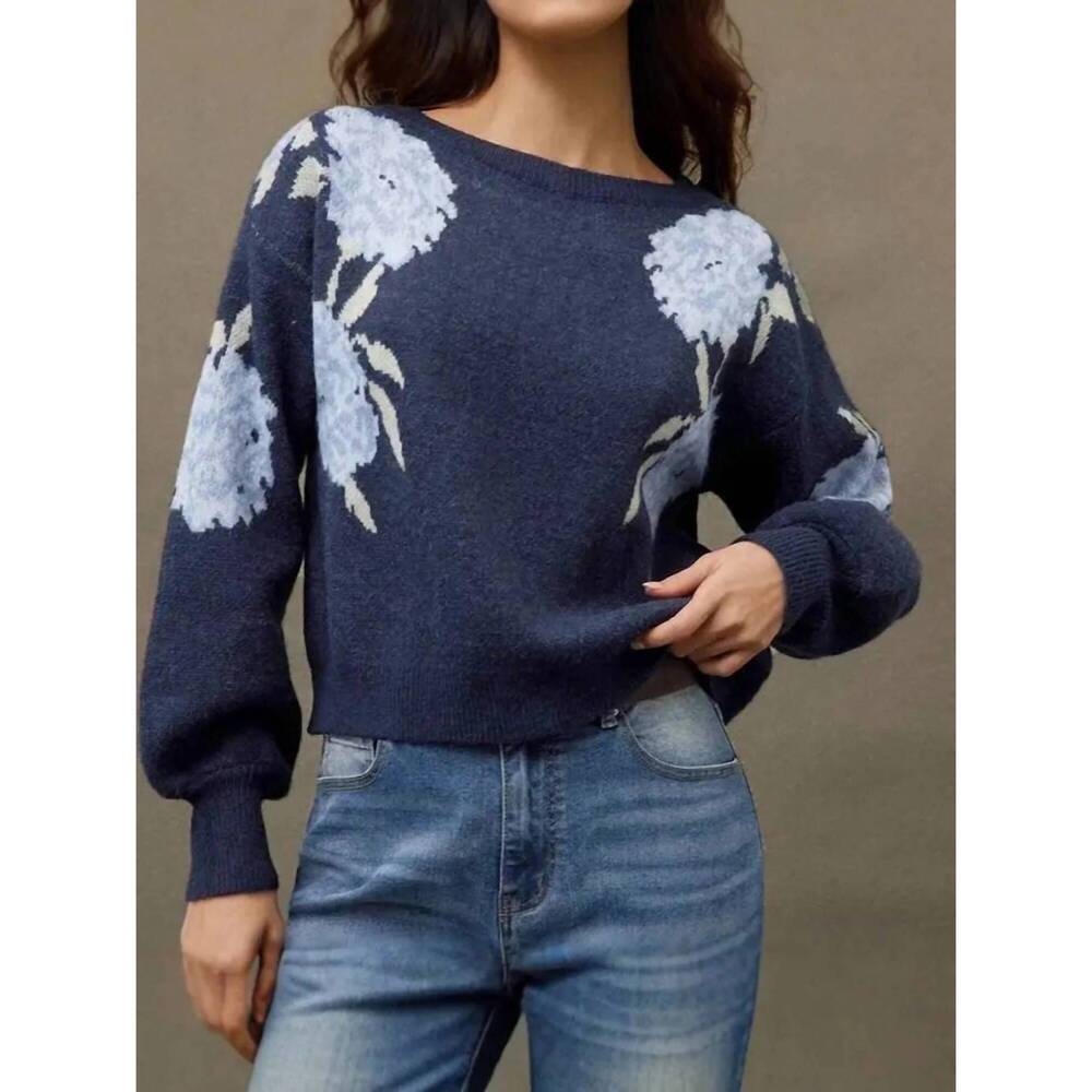 NEW ROSA CLOTHING casual vintage floral pattern pullover sweater - plus in blue